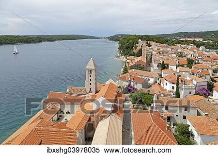 Stock Photography - "View from the tower of St Mary's Cathedral of the historic centre, Rab Town, Rab, Primorje-Gorski Kotar County, Croatia, Europe". Fotosearch