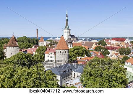 "View from Toompea Hill on the Lower Town, old town with the St. Olaf's Church or Oleviste kirik, and the towers of the city walls, Tallinn, Estonia, Europe" View Large Photo Image Stock Image - "View from Toompea Hill on the Lower Town, old town with the St. Olaf's Church or Oleviste kirik, and the towers of the city walls, Tallinn, Estonia, Europe". Fotosearch