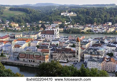 Stock Image - "View from Veste Oberhaus fortress over the historic town centre between the Inn and Danube rivers, Passau, Lower Bavaria, Bavaria, Germany, Europe, PublicGround, Europe". Fotosearch