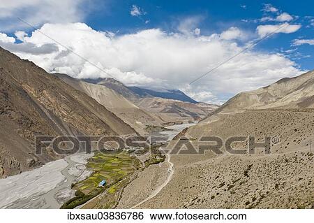 "View into a deep river valley, torrential stream, Kali Gandaki valley, lush green fields surrounding the village of Kagbeni, Lower Mustang, Himalayas, Nepal, Asia" View Large Photo Image Stock Photograph - "View into a deep river valley, torrential stream, Kali Gandaki valley, lush green fields surrounding the village of Kagbeni, Lower Mustang, Himalayas, Nepal, Asia". Fotosearch