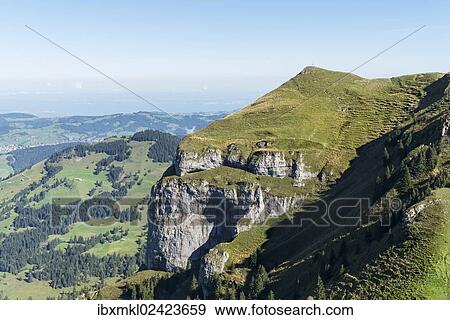 "View of Kamor mountain, 1751m, as seen from Hoher Kasten mountain, 1794m, canton of Appenzell Inner-Rhodes, Switzerland, Europe" View Large Photo Image Stock Photo - "View of Kamor mountain, 1751m, as seen from Hoher Kasten mountain, 1794m, canton of Appenzell Inner-Rhodes, Switzerland, Europe". Fotosearch