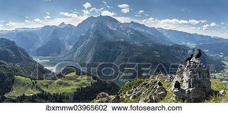 Stock Image - "View of Konigssee Lake and Mt Watzmann from Mt Jenner, Berchtesgaden National Park, Berchtesgadener Land district, Upper Bavaria, Bavaria, Germany, Europe". Fotosearch