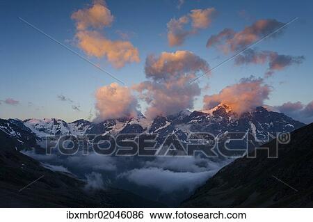 "View of Ortler mountain, Monte Zebru mountain and Koenig mountain as seen from Duesseldorfhuette mountain lodge above Sulden, sunrise, Suldental valley, province of Bolzano-Bozen, Italy, Europe" View Large Photo Image Stock Photograph - "View of Ortler mountain, Monte Zebru mountain and Koenig mountain as seen from Duesseldorfhuette mountain lodge above Sulden, sunrise, Suldental valley, province of Bolzano-Bozen, Italy, Europe". Fotosearch