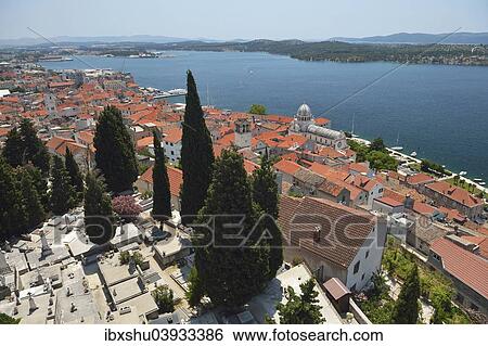 Stock Photograph - "View of Sibenik with the Cathedral of St. James and the cemetery at the front, Adriatic coast, Sibenik, Dalmatia, Croatia, Europe". Fotosearch