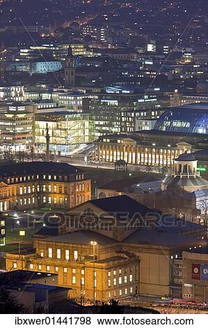Stock Photo - "View of Stuttgart from the Uhlandshoehe at night, dusk, panorama, illuminated, Stuttgart, Baden-Wuerttemberg, Germany, Europe". Fotosearch