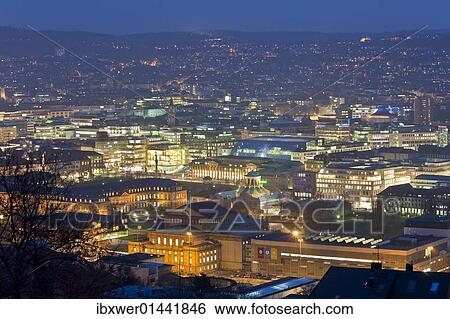 Stock Photograph - "View of Stuttgart from the Uhlandshoehe at night, dusk, panorama, illuminated, Stuttgart, Baden-Wuerttemberg, Germany, Europe". Fotosearch