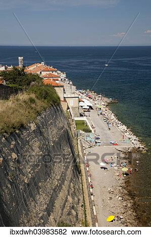 Stock Image - "View of the beach, Piran, Istria, Slovenia, Europe". Fotosearch