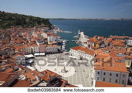 Picture - "View of the historic centre with the harbour and Tartini Square, Piran, Istria, Slovenia, Europe". Fotosearch