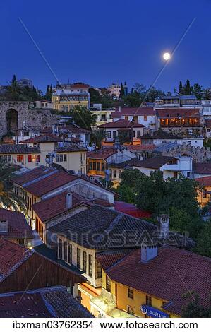 Picture - "View of the old town with full moon, Kaleici, Antalya, Antalya Province, Turkey, Asia". Fotosearch