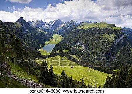 Stock Photo - "View of the Saemtisersee lake and the Alpsteingebirge mountains, Bruelisau, Canton Appenzell Innerrhoden, Switzerland, Europe". Fotosearch