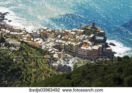 Stock Image - "View of the seaside village of Vernazza, Cinque Terre, Liguria, Italy, Europe". Fotosearch