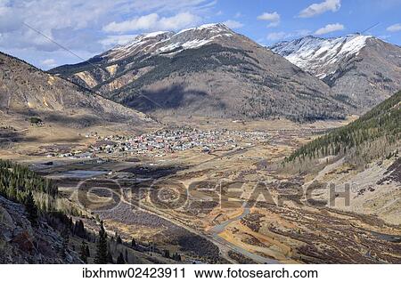 Stock Image - "View of the silver mining town of Silverton on the Animas river as seen from San Juan Skyway, Colorado, USA". Fotosearch