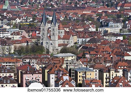 Stock Photograph - "View of Wuerzburg as seen from Fortress Marienberg, St Adalbero's church, Wuerzburg, Franconia, Bavaria, Germany, Europe". Fotosearch