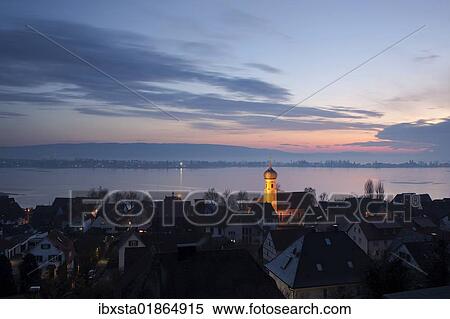 Stock Photography - "View over Allenbach and the island of Reichenau in the evening light, frozen Lake Constance, Baden-Wuerttemberg, Germany, Europe". Fotosearch