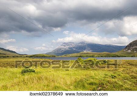 Stock Photo - "View over moorland to Loch nan Elachan and Ben Arkle, 787m, Sutherland, Scotland, United Kingdom, Europe". Fotosearch