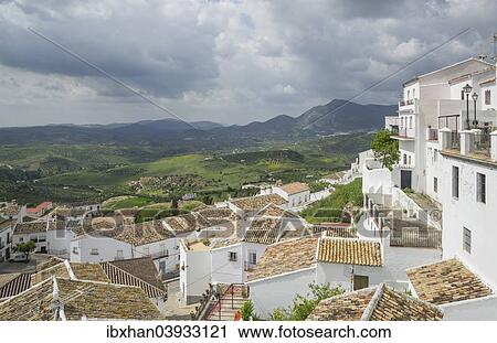 Stock Image - "View over the roofs of the old town, Zahara de la Sierra, Andalucia, Spain, Europe". Fotosearch