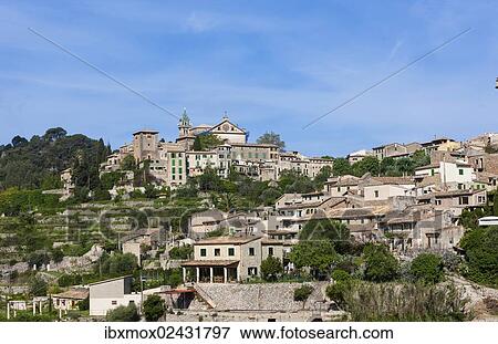 "View the old town of Valldemossa, Serra de Tramuntana, Northwestern Coast, Mallorca, Majorca, Balearic Islands, Spain, Europe" View Large Photo Image Stock Photo - "View the old town of Valldemossa, Serra de Tramuntana, Northwestern Coast, Mallorca, Majorca, Balearic Islands, Spain, Europe". Fotosearch