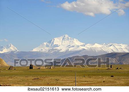 Stock Image - "View towards the entire massif of Mount Everest, ruins in the valley near Old Tingri, Himalayas, Central Tibet, U-Tsang, Tibet Autonomous Region, People's Republic of China, Asia". Fotosearch