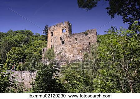 Stock Image - "View towards the ruins of Balduinstein Castle, Balduinstein, Rhein-Lahn district, Hesse, Germany, Europe". Fotosearch