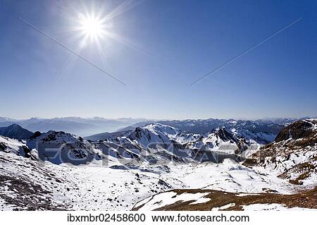 Stock Image - "View while ascending Wilde Kreuzspitze Mountain over the Pfunderer Mountains, With Lake Wilde below, Alto Adige, Italy, Europe". Fotosearch