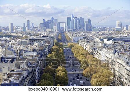 Stock Image - "Views of La Defense and the Avenue des Champs-Elysees, the Arc de Triomphe, Paris, Ile-de-France, France, Europe". Fotosearch