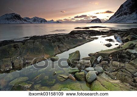 "Vikbukta Bay at sunset, near Haukland, Vestvagoy, Lofoten, Nordland, Norway, Europe" View Large Photo Image Stock Photo - "Vikbukta Bay at sunset, near Haukland, Vestvagoy, Lofoten, Nordland, Norway, Europe". Fotosearch