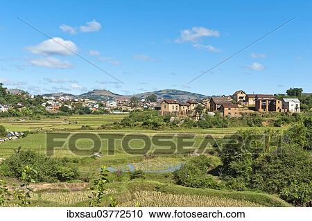 Stock Image - "Village of the Betsileo pople with terraced rice paddies, Ambositra, Madagascar, Africa". Fotosearch