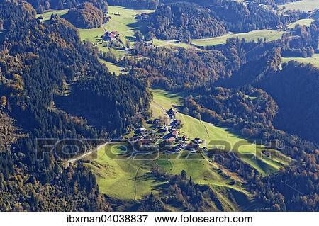 Stock Photo - "Village of Wall, municipality of Oberaudorf, from Mt Brunnstein, Mangfall mountains, Upper Bavaria, Bavaria, Germany, Europe". Fotosearch