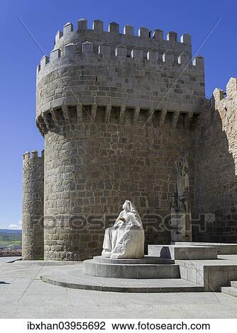 Stock Image - "Virgin Mary statue at the city wall, Avila, Castile and Leon, Spain, Europe". Fotosearch