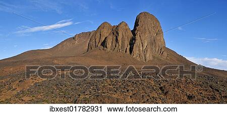Stock Image - "Volcanic landscape at Tahat, Atakor, Hoggar, Ahaggar Mountains, Wilaya Tamanrasset, Algeria, Sahara, North Africa, Africa". Fotosearch