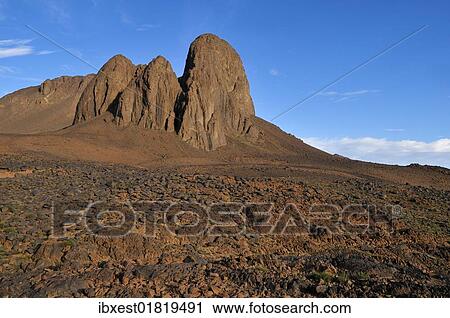 Stock Image - "Volcanic landscape at Tahat, Atakor, Hoggar, Ahaggar Mountains, Wilaya Tamanrasset, Algeria, Sahara, North Africa, Africa". Fotosearch