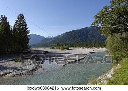 Stock Photography - "Vorderriss, Rissbachtal valley, confluence of the Rissbach mountain stream with the Upper Isar River, nature reserve, Isar valley, Tolzer Land, Upper Bavaria, Bavaria, Germany, Europe". Fotosearch