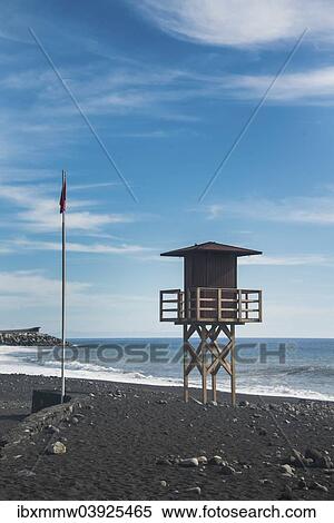"Watch tower on the beach, red flag, Tazacorte, La Palma, Canary Islands, Spain, Europe" View Large Photo Image Stock Photography - "Watch tower on the beach, red flag, Tazacorte, La Palma, Canary Islands, Spain, Europe". Fotosearch