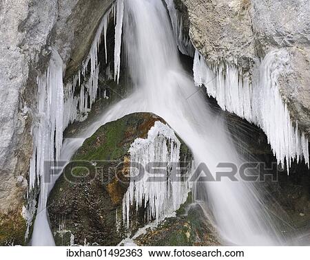 Stock Image - "Water and ice, Mirafaelle waterfalls, Pernitz, Piestingtal valley, Lower Austria, Austria, Europe". Fotosearch