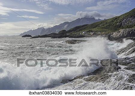 "Waves breaking on the rocky coast, cottages and rugged mountains at the back, Flakstad, Lofoten, Nordland, Norway, Europe" View Large Photo Image Stock Image - "Waves breaking on the rocky coast, cottages and rugged mountains at the back, Flakstad, Lofoten, Nordland, Norway, Europe". Fotosearch