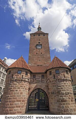 Stock Image - "Weisser Turm, white tower, believed to have originated in around 1250, previously incorporated into the city walls, Ludwigsplatz square, Nuremberg, Middle Franconia, Bavaria, Germany, Europe". Fotosearch