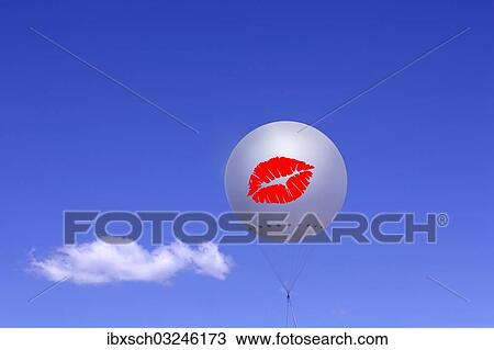 "White balloon with printed red lips against a blue sky and a cloud, illustration, Germany, Europe" View Large Photo Image Stock Image - "White balloon with printed red lips against a blue sky and a cloud, illustration, Germany, Europe". Fotosearch
