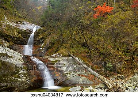 Stock Photo - "Wild river in autumn landscape, Heihe National Park, Qinling Mountain, Shaanxi Province, China, Asia". Fotosearch