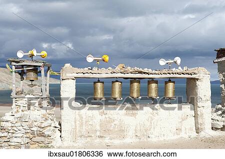 "Wind energy, prayer wheels powered by wind, Chiu Gompa Monastery above Lake Manasarovar, Mapham Yutsho, Kailash area, Ngari, Trans-Himalaya, Himalayas, West Tibet, Tibet Autonomous Region, People's Republic of China, Asia" View Large Photo Image Stock Photograph - "Wind energy, prayer wheels powered by wind, Chiu Gompa Monastery above Lake Manasarovar, Mapham Yutsho, Kailash area, Ngari, Trans-Himalaya, Himalayas, West Tibet, Tibet Autonomous Region, People's Republic of China, Asia". Fotosearch