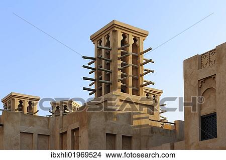 Picture - "Wind towers, Souk Madinat, Jumeirah, Dubai, United Arab Emirates, Middle East, Asia". Fotosearch