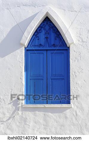 Picture - "Window with blue shutters in Puerto Naos, La Palma, Canary Islands, Spain, Europe, PublicGround, Europe". Fotosearch