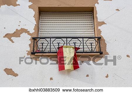Stock Photo - "Window with closed blinds and Spanish flag, Humanes, Province of Guadalajara, Spain, Europe". Fotosearch