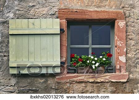 "Window with shutters and geraniums, Eberbach, Hesse, Germany, Europe" View Large Photo Image Stock Photograph - "Window with shutters and geraniums, Eberbach, Hesse, Germany, Europe". Fotosearch