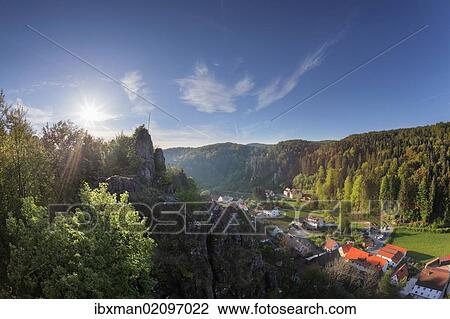Stock Image - "Wolfsberg, municipality of Obertrubach, Trubachtal valley, as seen from Wolfsberg castle ruin, Little Switzerland, Upper Franconia, Franconia, Bavaria, Germany, Europe". Fotosearch