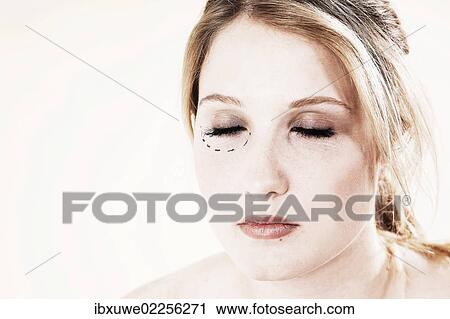 Woman before undergoing plastic surgery with markings on her face View Large Photo Image Stock Image - Woman before undergoing plastic surgery with markings on her face. Fotosearch