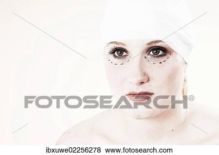 Woman before undergoing plastic surgery with markings on her face View Large Photo Image Stock Photo - Woman before undergoing plastic surgery with markings on her face. Fotosearch