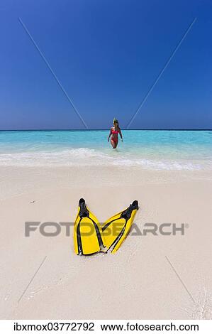 "Woman emerging from the sea, flippers on the beach at front, Indian Ocean, Maldives, Asia" View Large Photo Image Stock Image - "Woman emerging from the sea, flippers on the beach at front, Indian Ocean, Maldives, Asia". Fotosearch