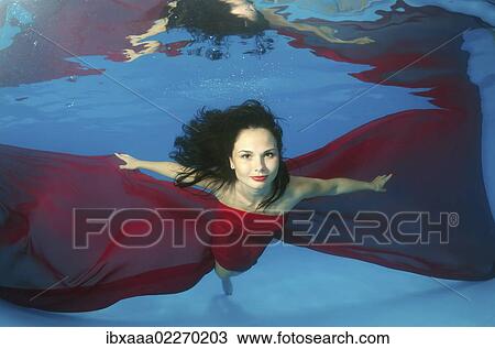 Woman presenting underwater fashion in pool View Large Photo Image Stock Image - Woman presenting underwater fashion in pool. Fotosearch