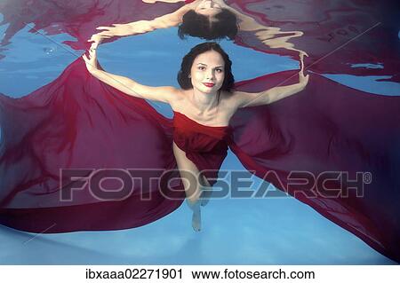 Stock Image - "Woman presenting underwater fashion in pool, Odessa, Ukraine, Eastern Europe, Europe". Fotosearch
