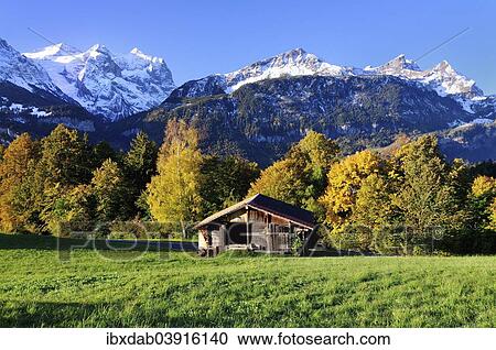"Wooden hut in Hasliberg, with view on the Rosenlaui Glacier, Lauteraarhorn, Rosenhorn, Wetterhorn, Meiringen, Canton of Bern, Switzerland, Europe" View Large Photo Image Stock Image - "Wooden hut in Hasliberg, with view on the Rosenlaui Glacier, Lauteraarhorn, Rosenhorn, Wetterhorn, Meiringen, Canton of Bern, Switzerland, Europe". Fotosearch